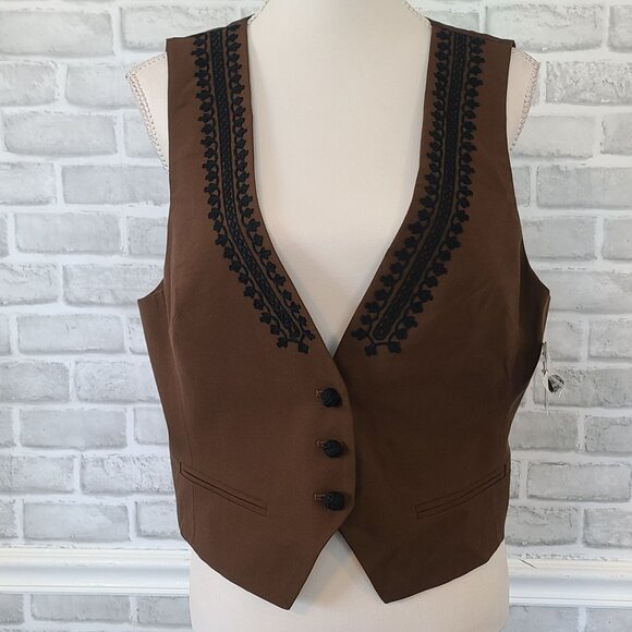 Vintage Wool Satin Brown Embroidered Vest NEW NOS Women 14 Western Acadamia - Picture 1 of 8